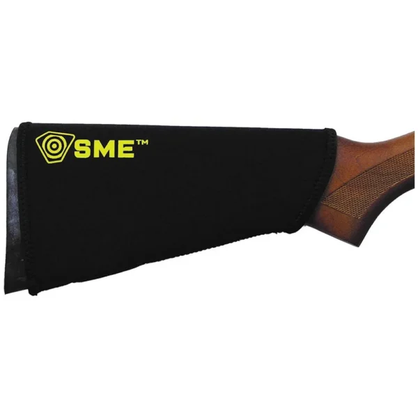 Gsm SME Rifle Stock Riser, black fabric riser fitted over a brown rifle stock in side view