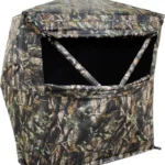 GSM HME 2-Person Ground Blind, camouflage front view with open black window