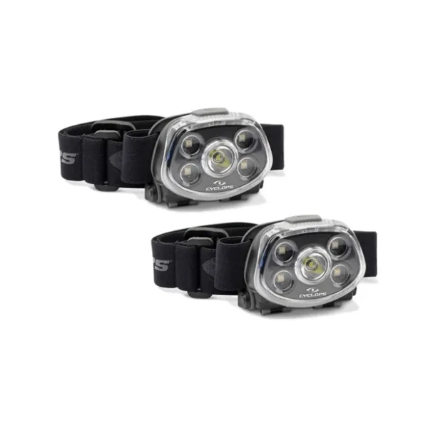 Gsm Cyclops Force XP Headlamp, two black and silver headlamps with adjustable straps, front view