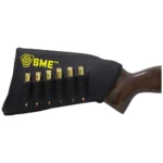 Gsm SME Rifle Stock Riser with Shell Loop, black side view fitted to a brown rifle stock