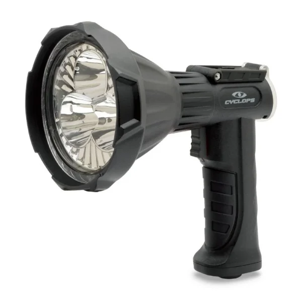 Gsm Cyclops Rechargeable Spotlight, black angled front view with large reflector and pistol grip