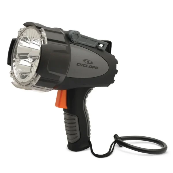 GSM Cyclops Rechargeable Hand Held Spotlight, black and gray side view with orange trigger