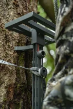 GSM Hawk Helium Hammock Small Platform, black metal platform strapped to a tree