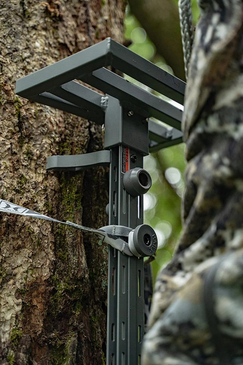 primary-45908 GSM Hawk Helium Hammock Small Platform, black metal platform strapped to a tree