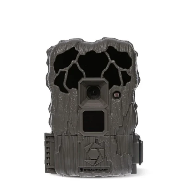 Gsm Stealth Cam QS20 grey trail camera, front view with bark texture, lens and dark sensor panel