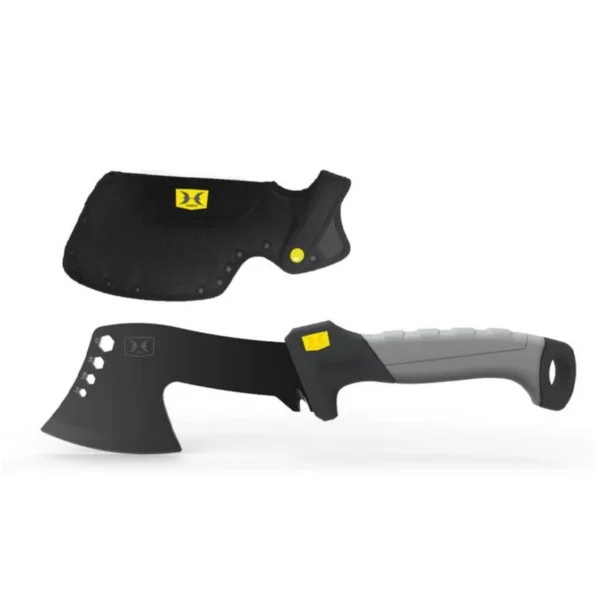 Gsm Hawk Hatchet black and grey side view with blade cover and lanyard hole