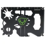 Gsm HME 20-in-1 Wallet Multi Tool, front view of black card tool with cutouts and green logo
