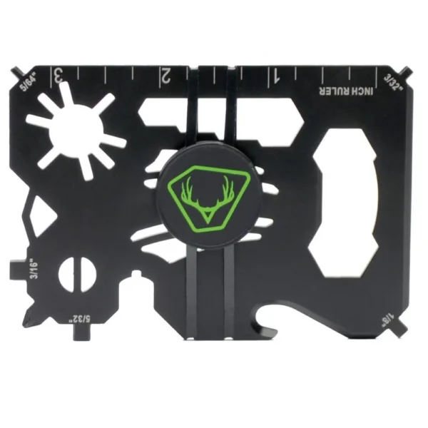 Gsm HME 20-in-1 Wallet Multi Tool, front view of black card tool with cutouts and green logo