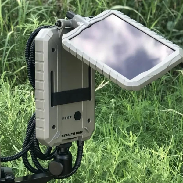 GSM StealthCam Solar Power Panel, gray front and side view with panel open and cable attached