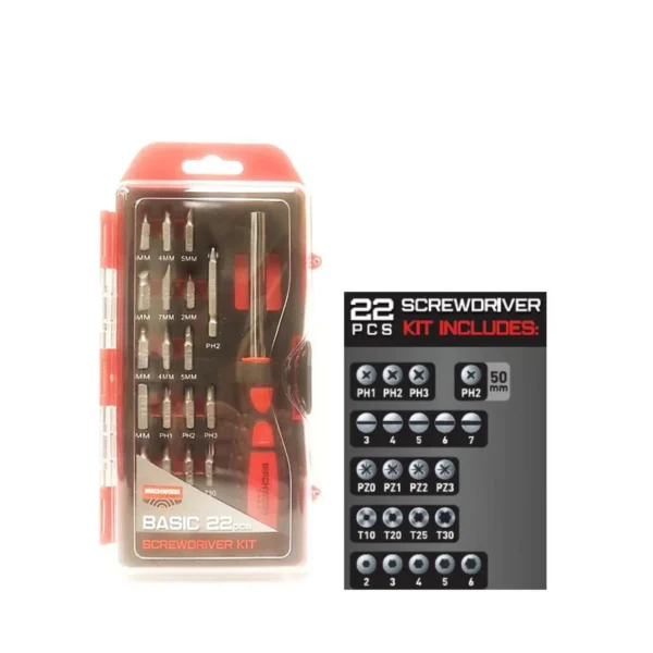 Birchwood Casey Basic Screwdriver Set in red case beside a black bit identification card