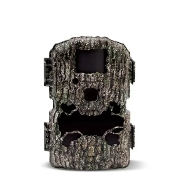Gsm StealthCam GMAX Vision Trail Camera 32MP, front view in bark camouflage with door open