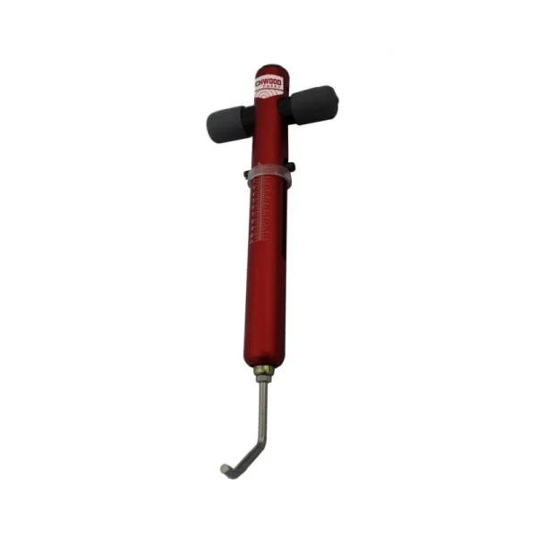 Birchwood Casey Firearm Trigger Scale, red body with black handle and angled metal hook
