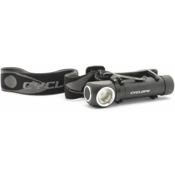 Gsm Cyclops Hades Rechargeable Headlamp, black front view with elastic strap and round lamp