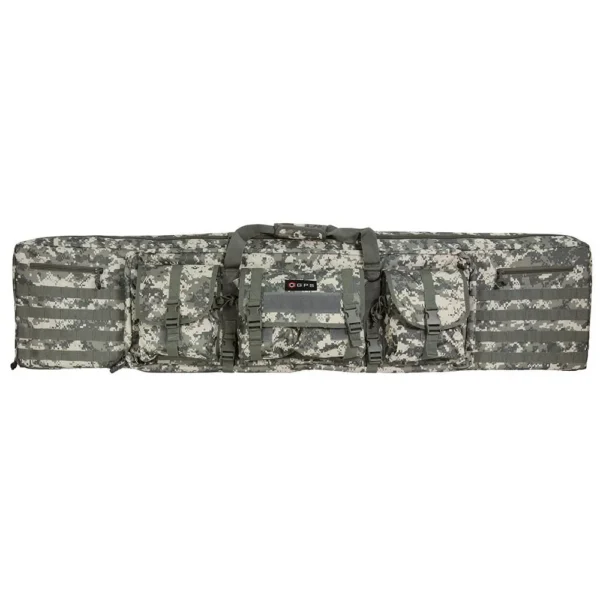 G-Outdoors Double Rifle Case, front view in gray camo with pockets and carry handles
