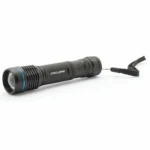 Gsm Cyclops Steropes 700 black flashlight, side view with wrist lanyard and blue bezel ring