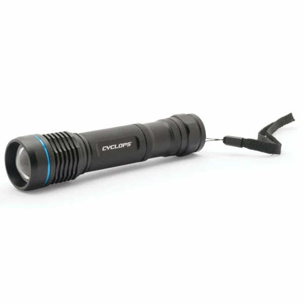 Gsm Cyclops Steropes 700 black flashlight, side view with wrist lanyard and blue bezel ring