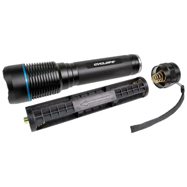GSM Cyclops Brontes 2K Flashlight, black flashlight shown disassembled with battery holder
