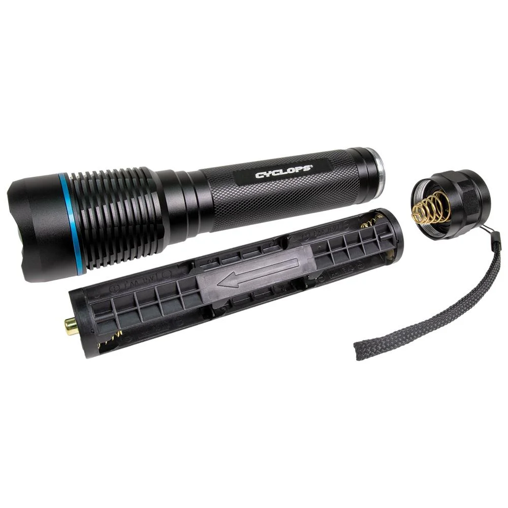 primary-45952 GSM Cyclops Brontes 2K Flashlight, black flashlight shown disassembled with battery holder