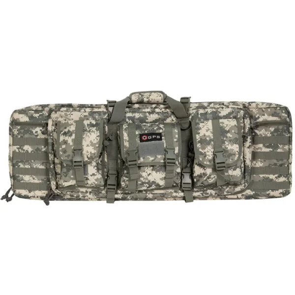 G-Outdoors Double Rifle Case, camo front view with carry handles, pockets and straps