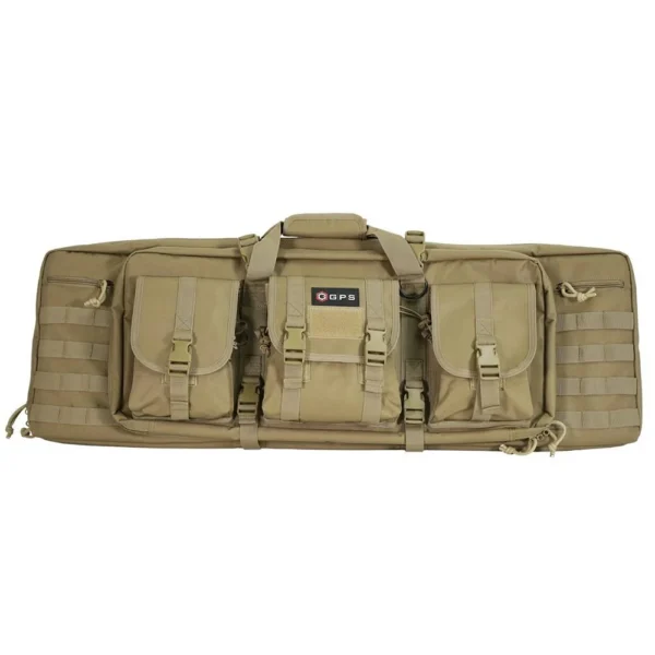 G-Outdoors Double Rifle Case in FDE, front view with carry handles and multiple exterior pouches