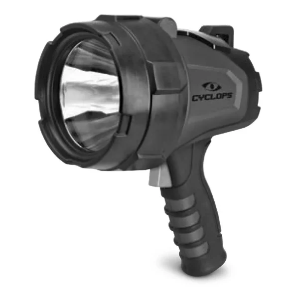 GSM Cyclops 10 Watt LED Spotlight, black handheld spotlight in front three-quarter view