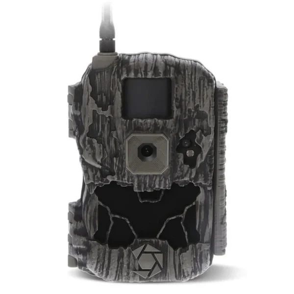 Gsm StealthCam DS4K Transmit trail camera, front view with grey tree-bark camouflage