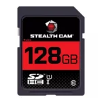 Gsm StealthCam SDHC Card, black front view with red 128GB label