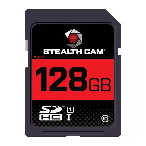 Gsm StealthCam SDHC Card, black front view with red 128GB label