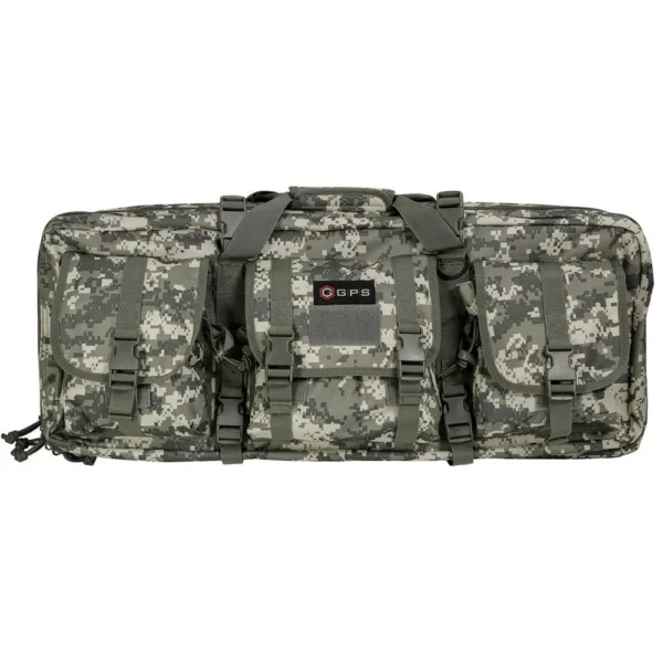 G-Outdoors Double Rifle Case, gray digital camo front view with handles, straps and pockets