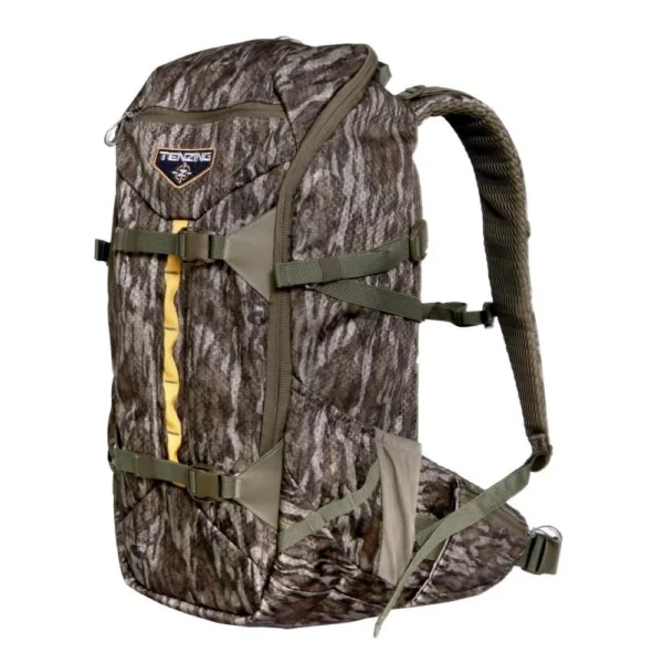Gsm Tenzing Day Pack 2100, camouflage backpack in front angled view with straps and padded belt