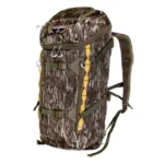 Gsm Tenzing Day Pack 1500 Backpack, front angled view in Mossy Oak Bottomland with yellow straps