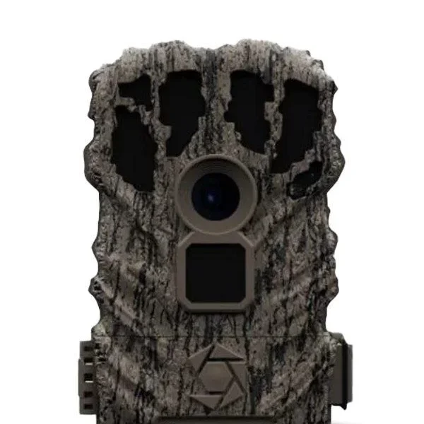 Gsm StealthCam Browtine Trail Camera, front view with tree-bark camouflage housing and lens