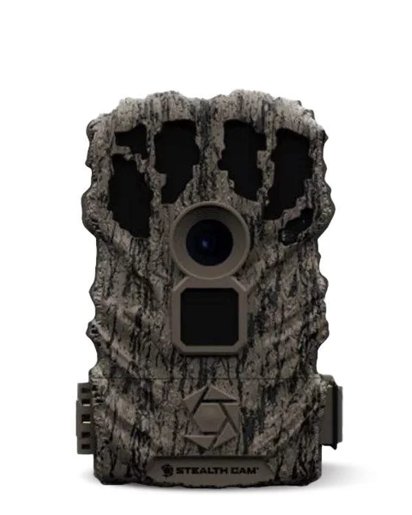 primary-45969 Gsm StealthCam Browtine Trail Camera, front view with tree-bark camouflage housing and lens