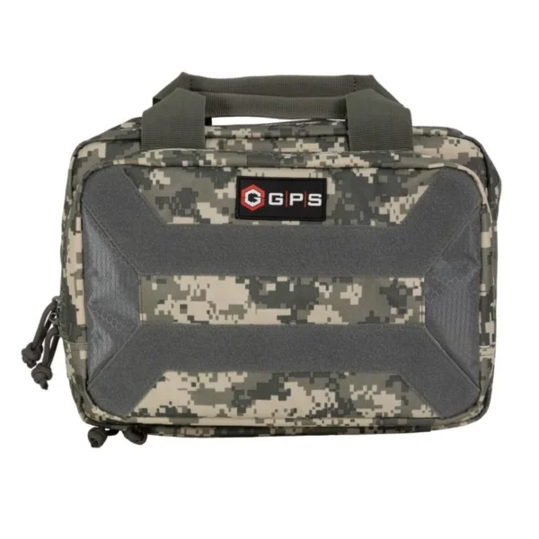 G-Outdoors Pistol Case, camouflage front view with carry handle, zipper and mesh pocket