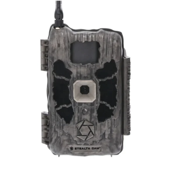 GSM StealthCam Deceptor No-Glo Cellular Trail Camera, grey camo front with antenna and lenses