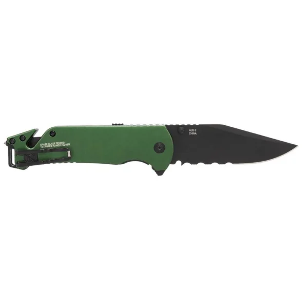SOG Knives Escape 2.0 folding knife, right side, green handle and black semi-serrated blade