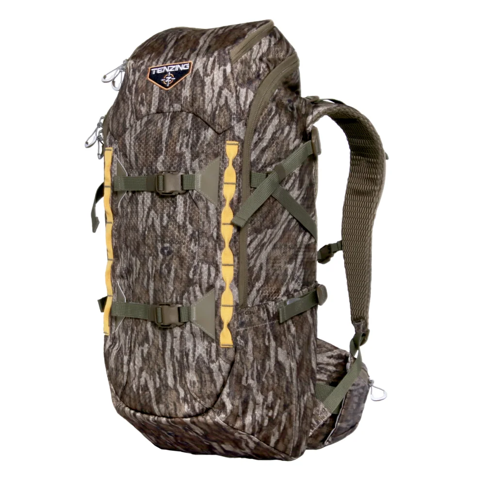 primary-45998 GSM Tenzing Day Pack 2300 backpack in Mossy Oak Bottomland, front-right view with straps and pockets