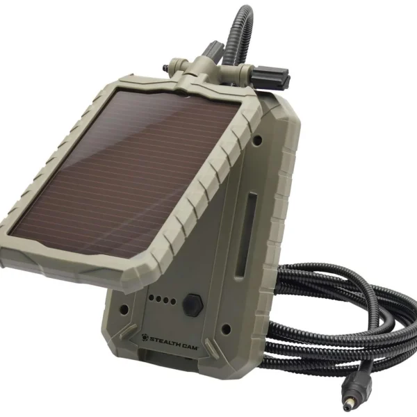 Gsm StealthCam Fieldmax External Solar Battery Pack, green unit with panel and black cable