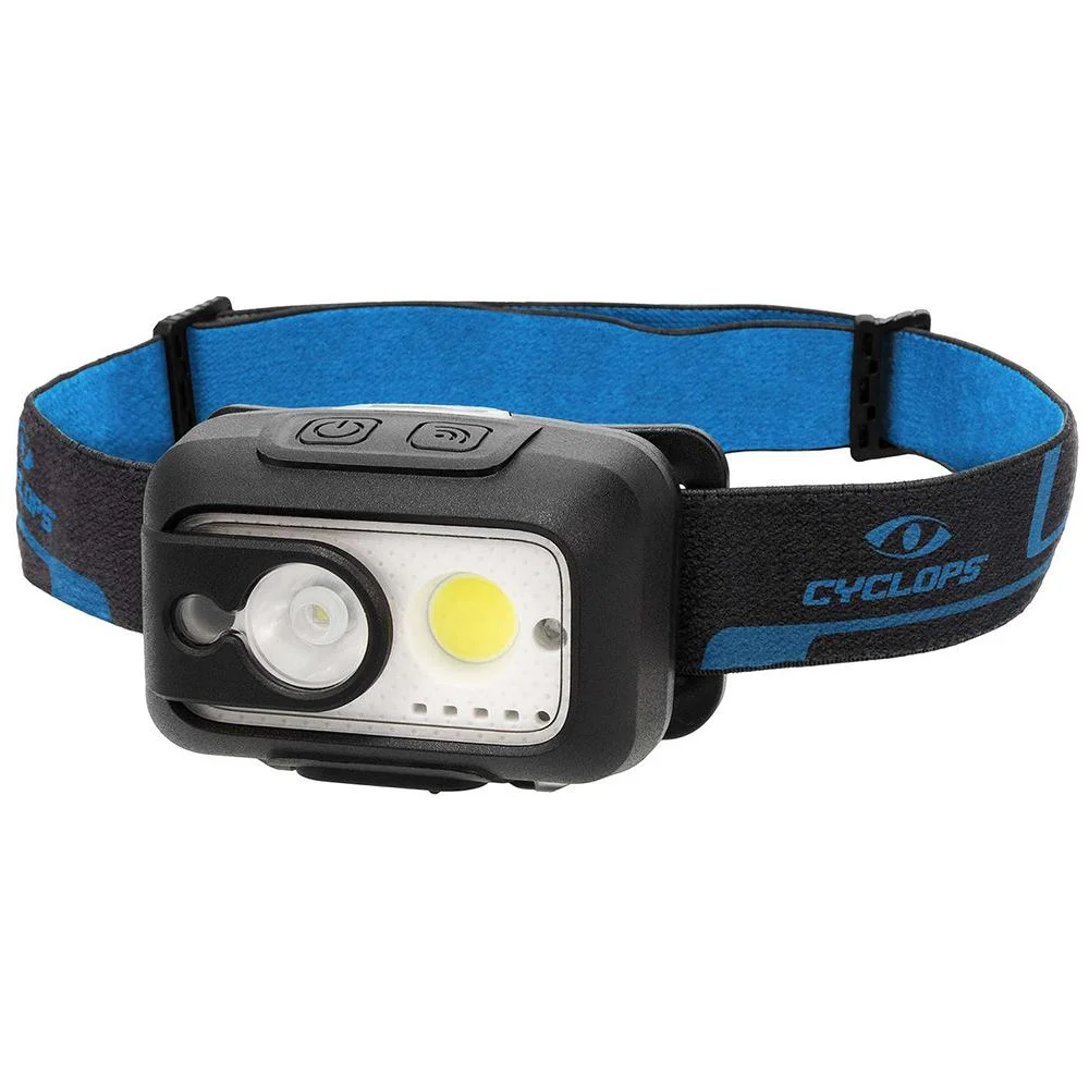 primary-46010 Gsm Cyclops Eclipse Elite Headlamp, black front view with blue strap and two lights