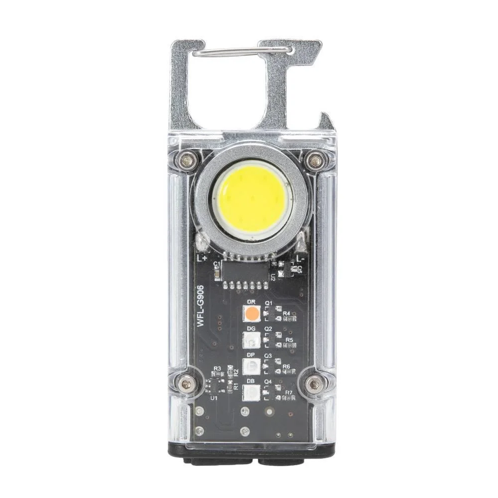 primary-46011 Gsm Cyclops Flash Clip Flashlight, clear rectangular light with yellow center LED, front view