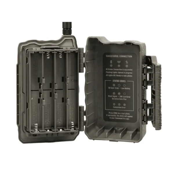 GSM Stealth Cam Flashback cellular trail camera, open front view with battery compartment