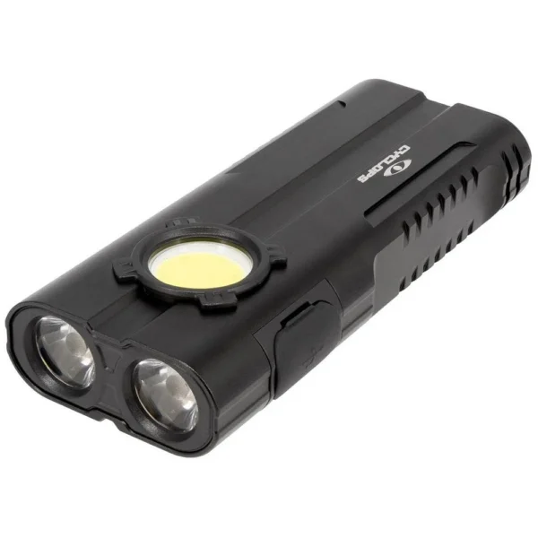 Gsm Cyclops Prolite Flashlight, black angled view with dual front lights and side work light