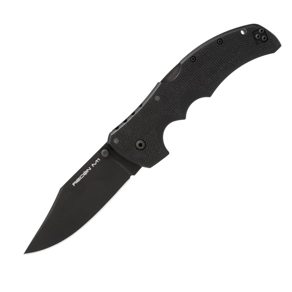 primary-46015 Cold Steel Recon 1 folding knife, black right-side view with open clip-point blade and textured handle