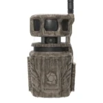 Gsm Stealth Cam Revolver 360, front view of camouflage trail camera with antenna and three windows