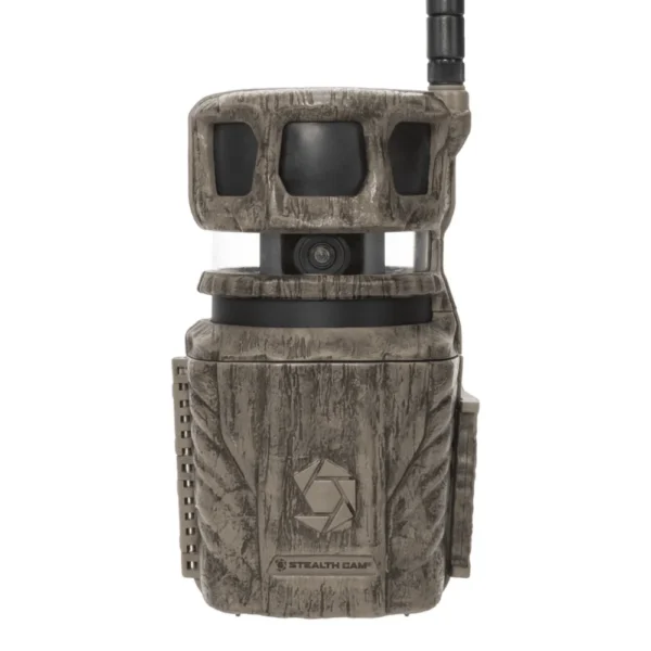 Gsm Stealth Cam Revolver 360, front view of camouflage trail camera with antenna and three windows