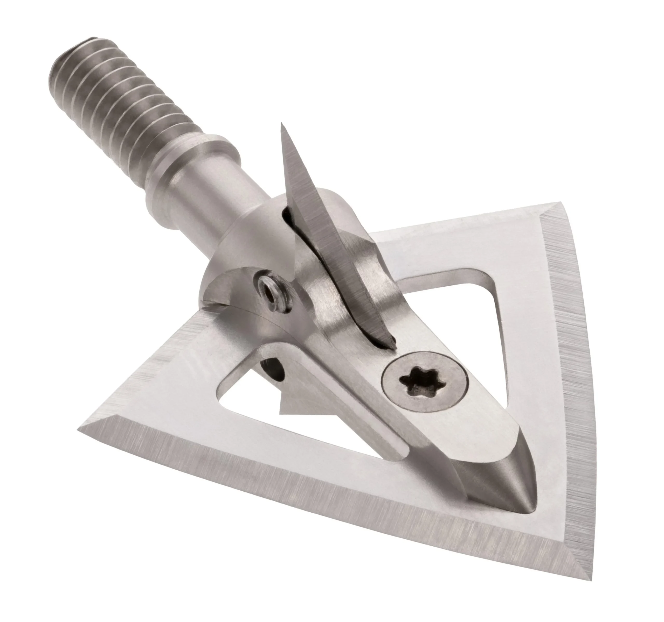 primary-46020 Gsm NAP Deep-cuts Vented Broadhead, silver angled view with three blades and vented ferrule