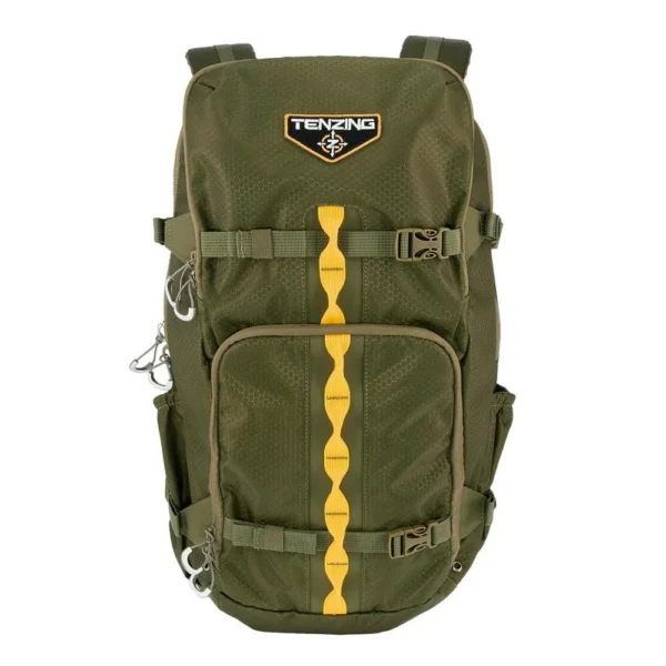 Gsm Tenzing Day Pack 1200 backpack in olive green, front view with yellow accents and straps