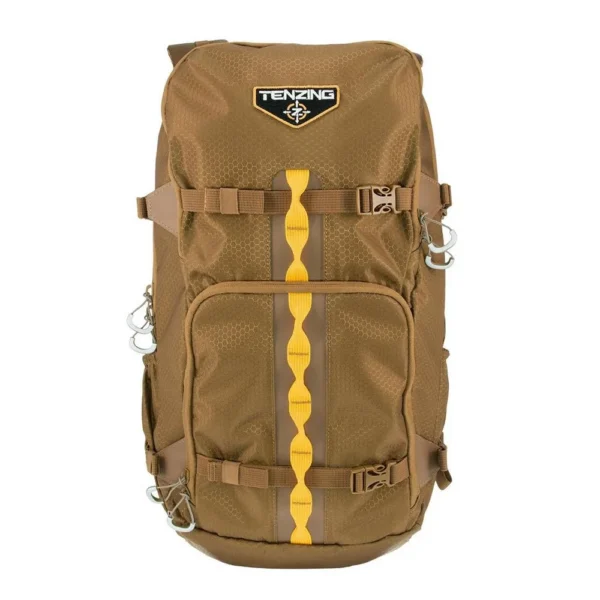Gsm Tenzing Day Pack 1200 Backpack in buckskin tan, front view with pockets, straps and yellow accents