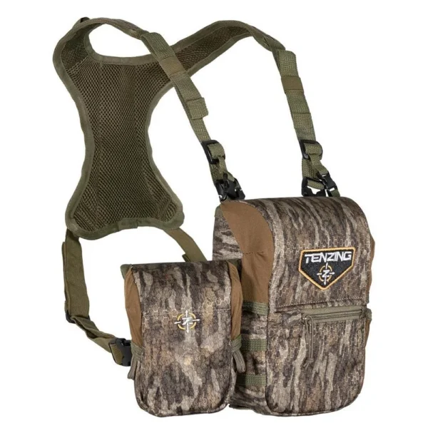 Gsm Tenzing Bino Harness, front view of a brown and camouflage pouch with shoulder straps