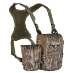 GSM Tenzing Bino Harness Small, camouflage front view with olive mesh straps and two pouches